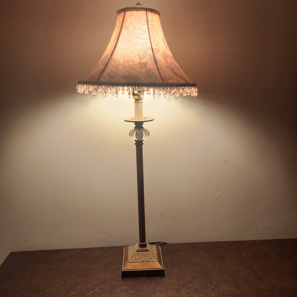 Victorian Fabric Bead Fringe Shade Mid Century Table Lamp